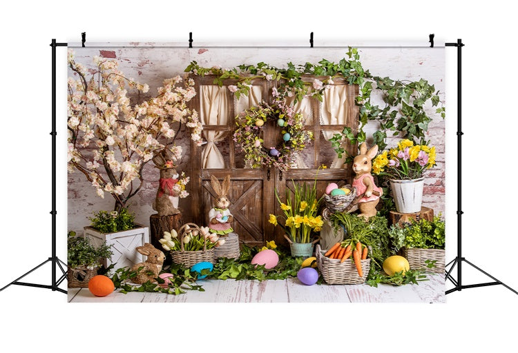 Ostern Frühling Backdrops Blumen Hasen Holztür Backdrop BRP12-508