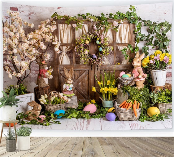 Ostern Frühling Backdrops Blumen Hasen Holztür Backdrop BRP12-508