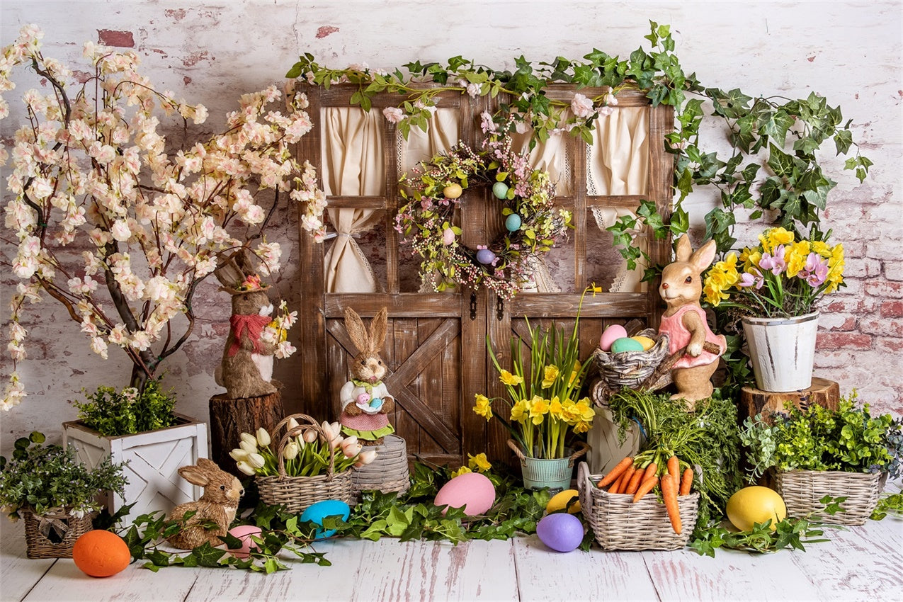 Ostern Frühling Backdrops Blumen Hasen Holztür Backdrop BRP12-508