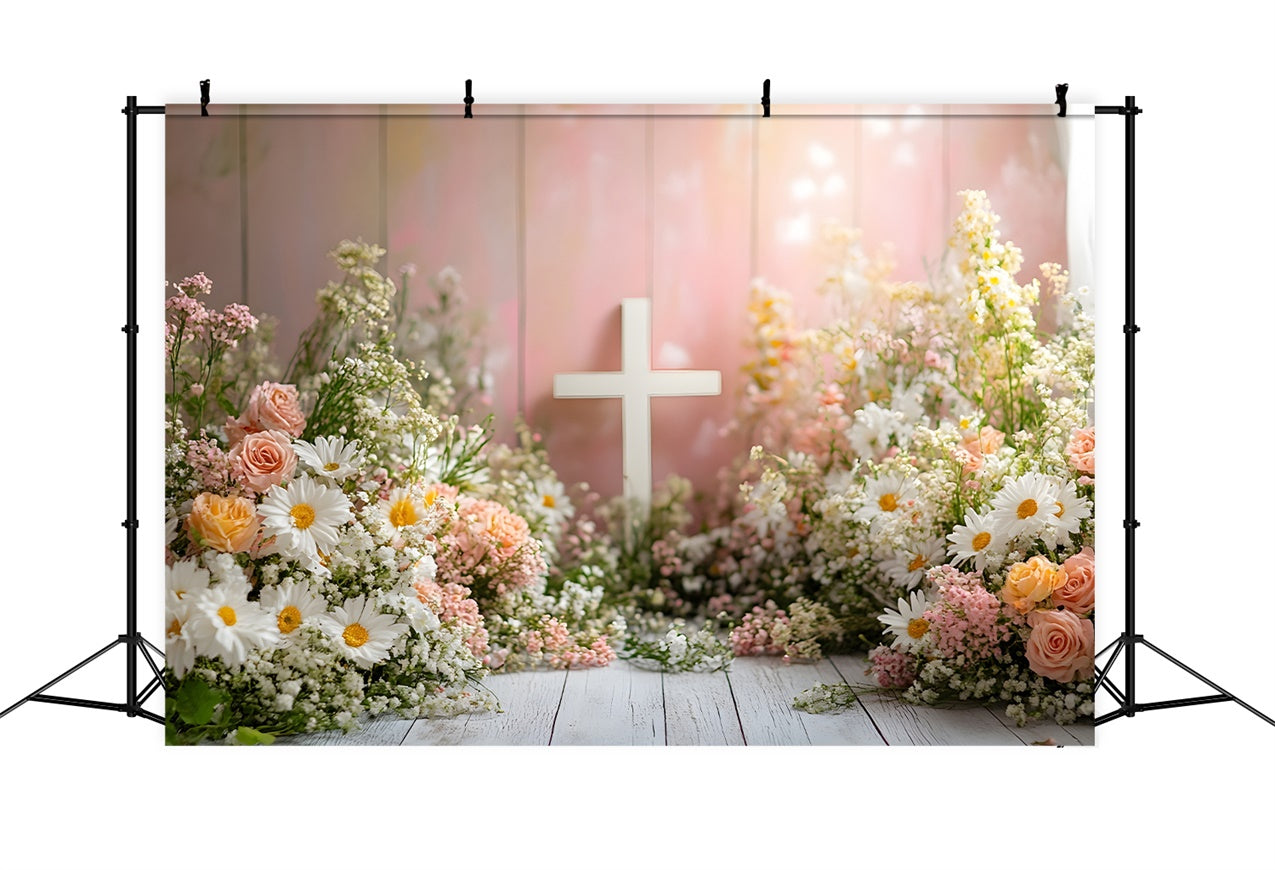 Fotohintergrund Frühling Pastellblüten Weißes Kreuz Backdrop BRP12-510