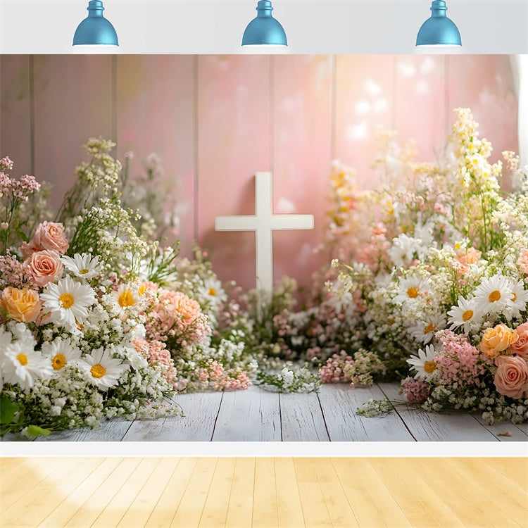 Fotohintergrund Frühling Pastellblüten Weißes Kreuz Backdrop BRP12-510