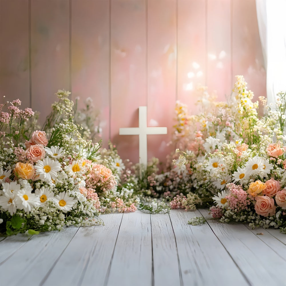 Fotohintergrund Frühling Pastellblüten Weißes Kreuz Backdrop BRP12-510