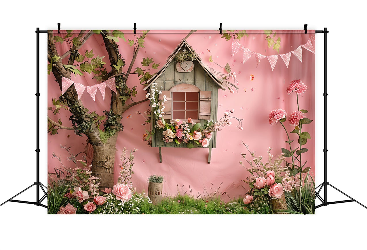 Backdrop Blumen Rustikal Rosa Baumhaus Garten Backdrop BRP12-555