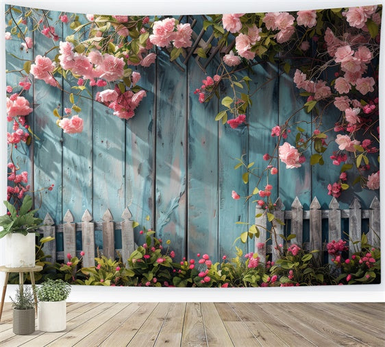 Hängende Blumenkulisse Blauer Holzzaun Blütenkulisse BRP12-561