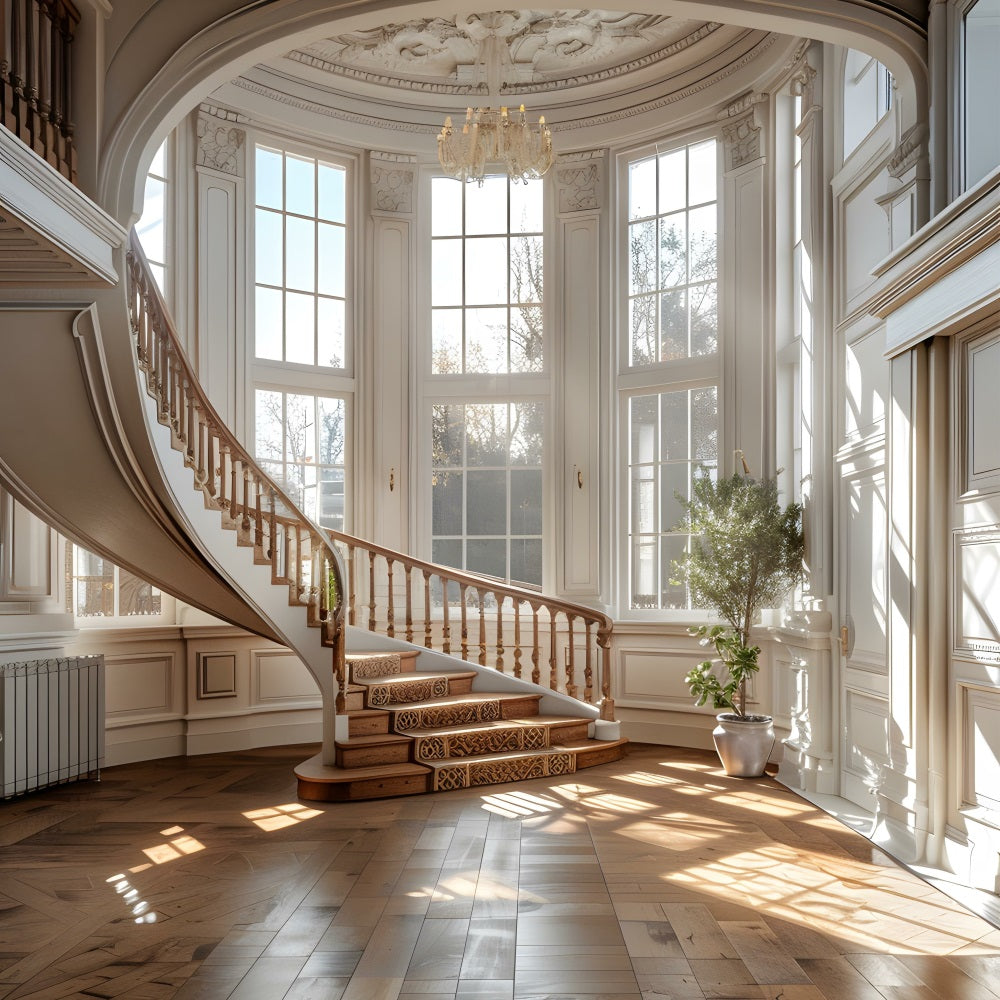 Architektur-Hintergrundkulisse Elegantes, sonnenbeschienenes Herrenhaus Treppe Hintergrund BRP12-671