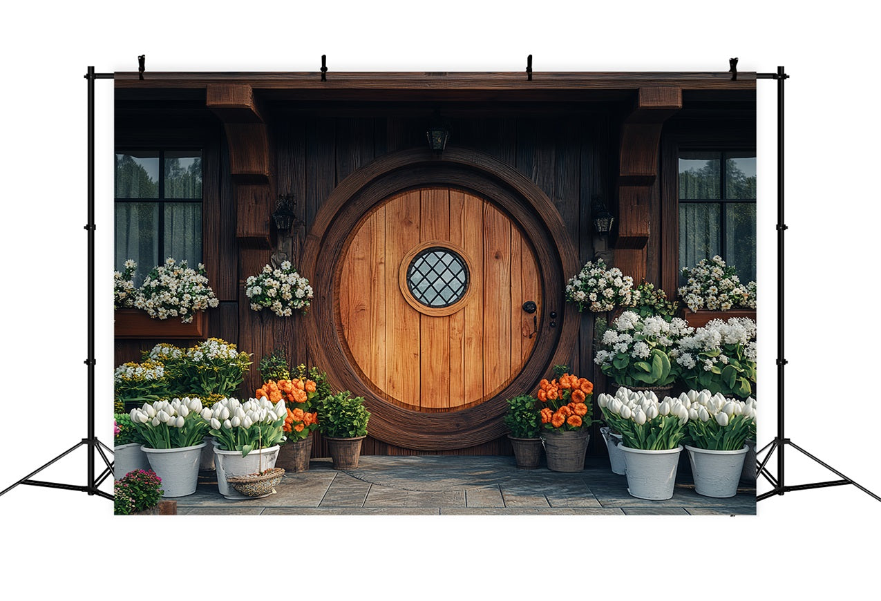 Hintergrund Ostern Rustikale Runde Holztür Floral Backdrop BRP12-727