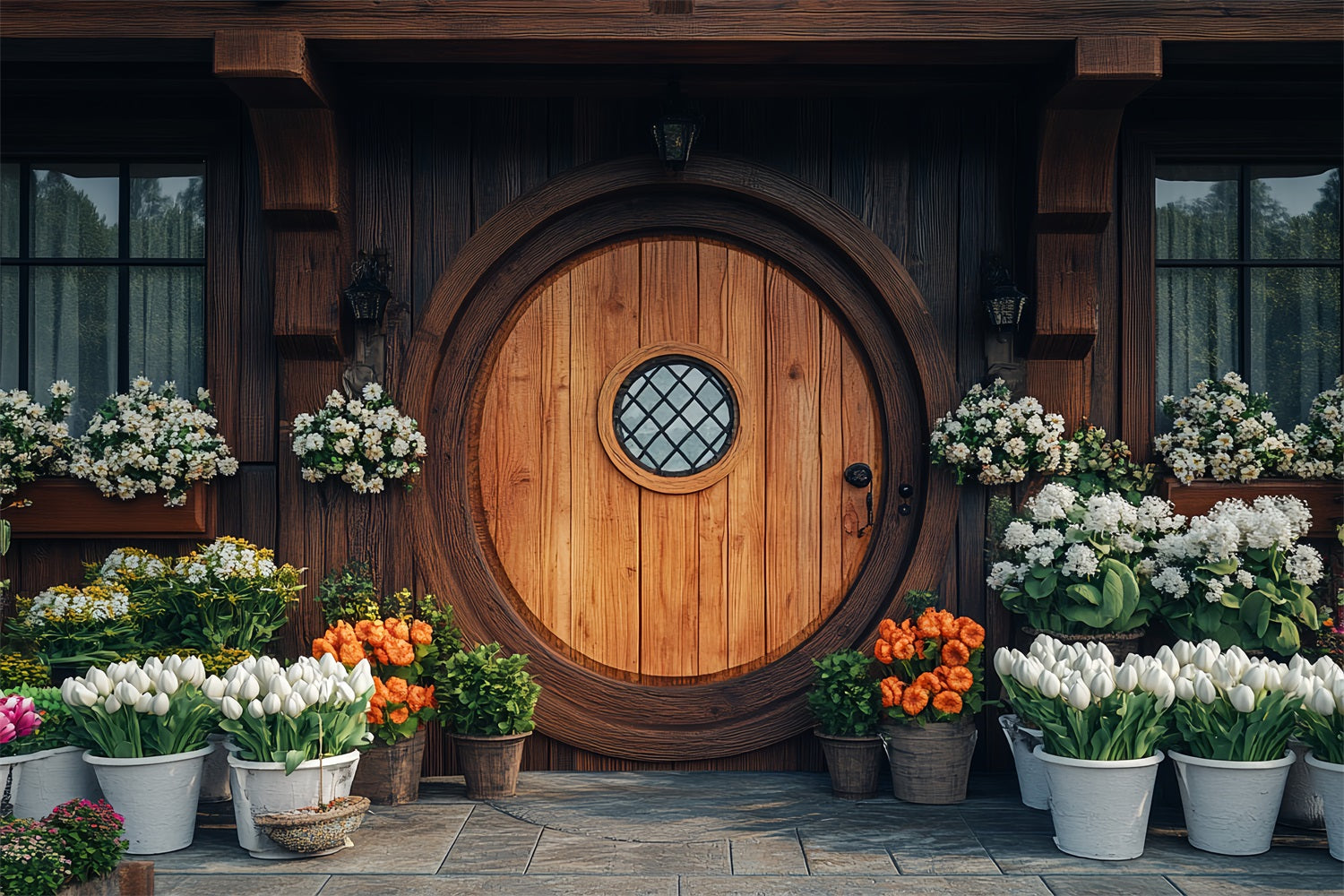 Hintergrund Ostern Rustikale Runde Holztür Floral Backdrop BRP12-727