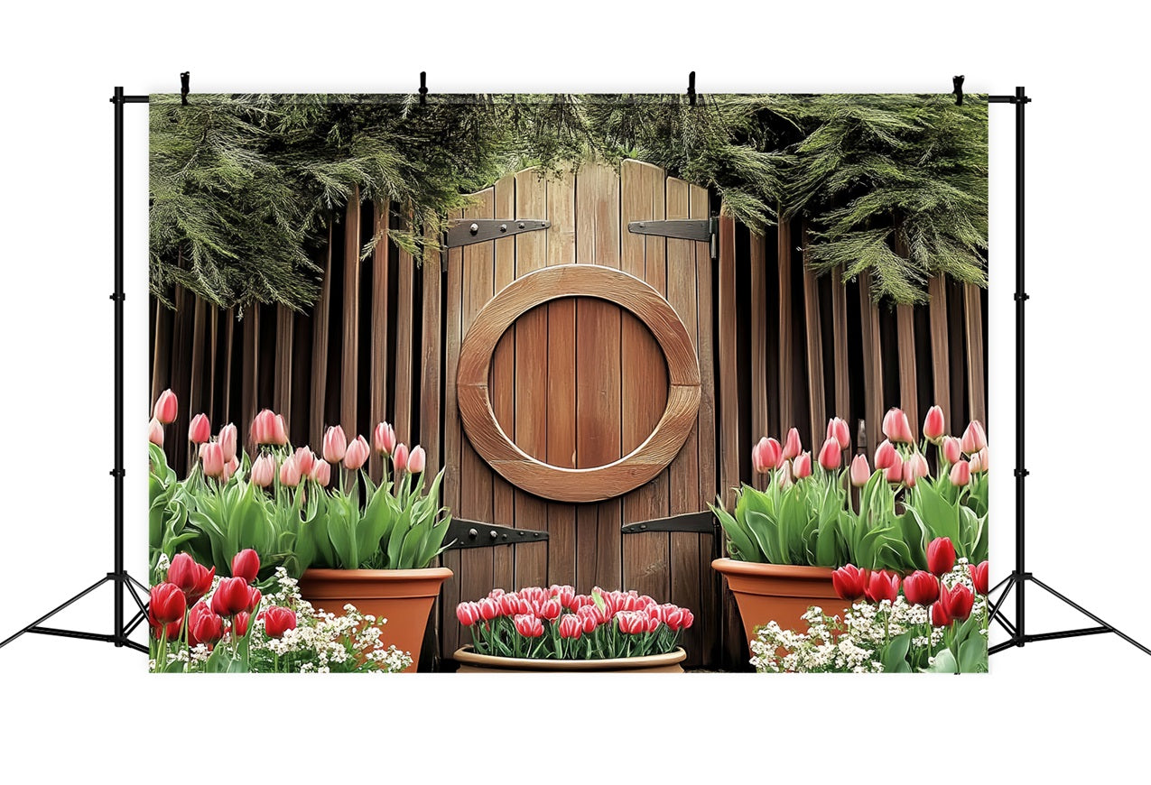 Ostern Backdrops Holzkreis Tür Blühende Tulpen Backdrop BRP12-730