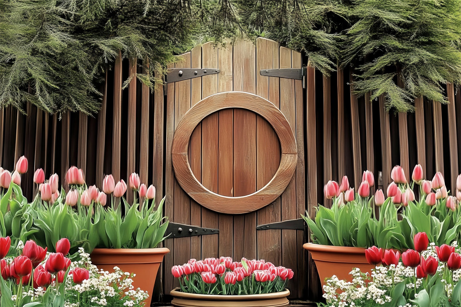 Ostern Backdrops Holzkreis Tür Blühende Tulpen Backdrop BRP12-730