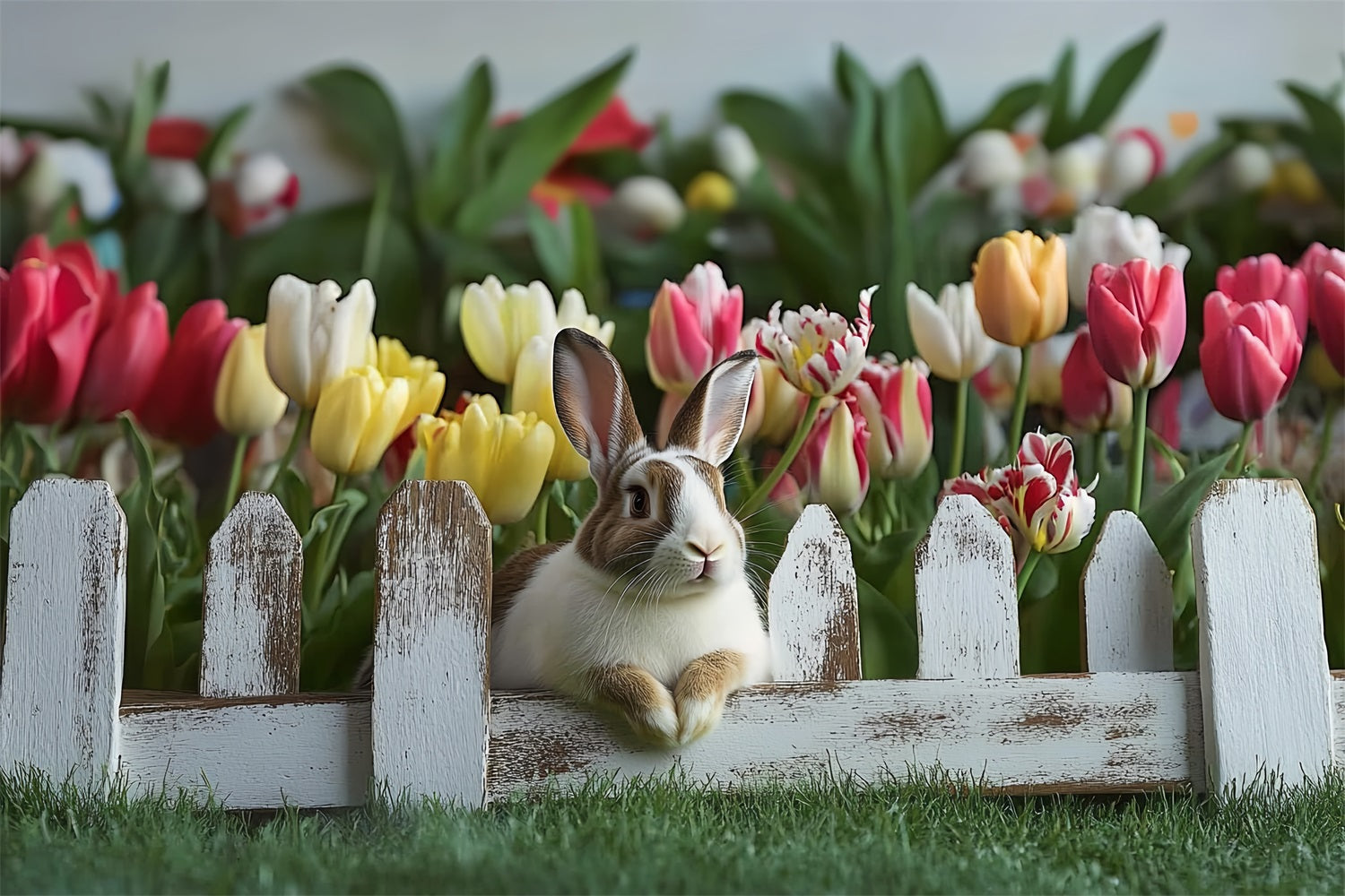 Einfache Osterkulisse Hase Tulpen Rustikale Zaun Kulisse BRP12-757