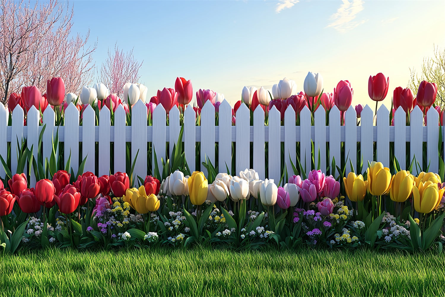 Fotokulisse Ostern Weißer Zaun Tulpen Garten Kulisse BRP12-758