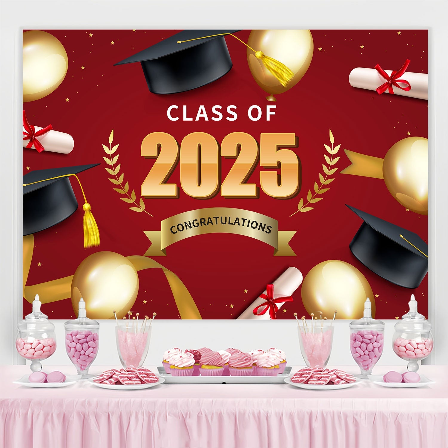 Graduation Bild Hintergrund Glänzende Ballon Rot Graduation Party Backdrop BRP2-251