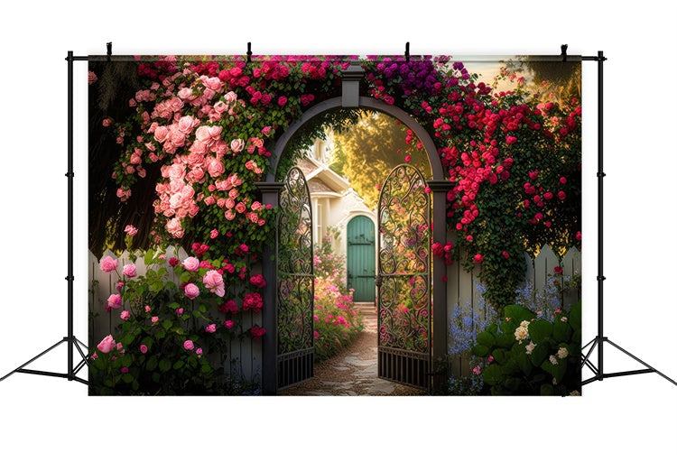 Floraler Hintergrund für Fotografie Gartentor Blühende Rose Hintergrund BRP2-87
