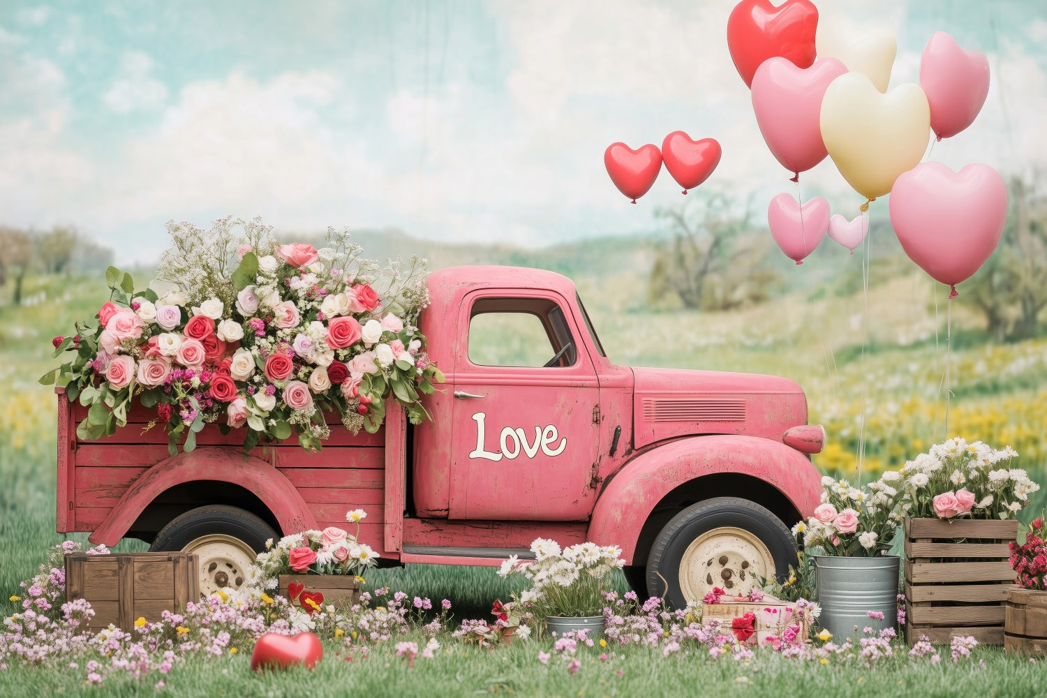 Blumenfoto-Hintergrund Vintage Truck Rose Ballon-Hintergrund BRP2-96