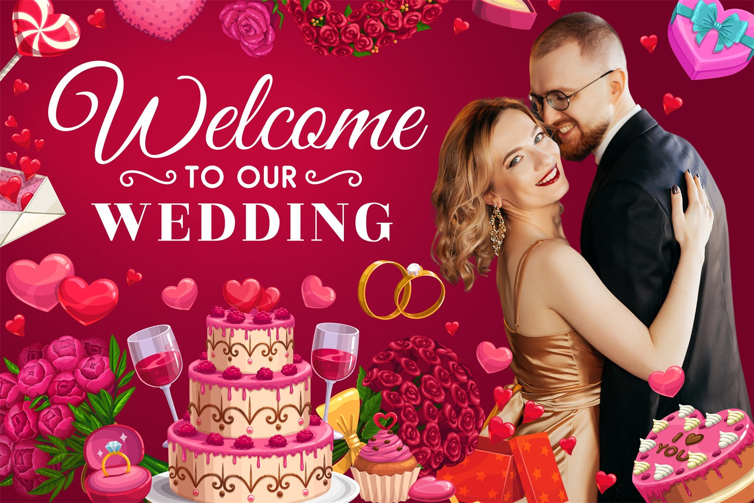 Hochzeit Fotokulisse Liebe Rosen Kuchen Personalisierte Kulisse BRP4-109