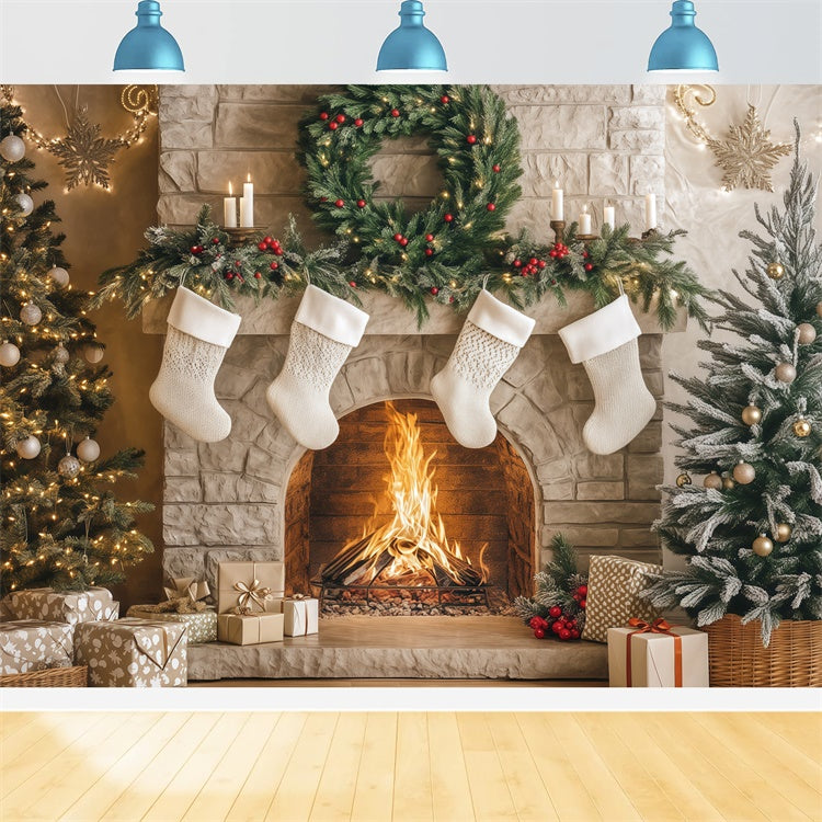 Professionelle Weihnachts-Hintergrundkulissen Cozy Hearth Stockings Backdrop BRP57-133