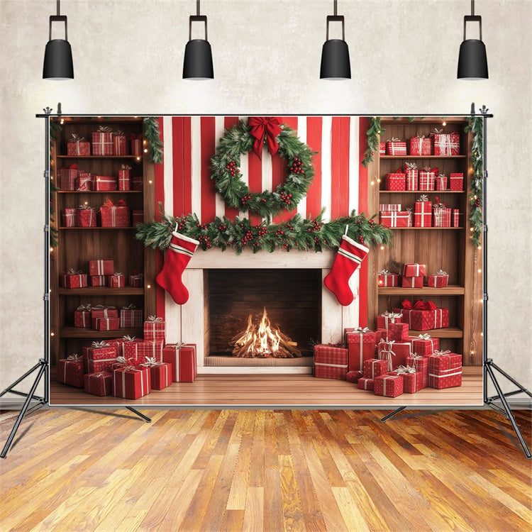 Weihnachten Kamin Hintergrund Candy Cane Geschenk Wandhintergrund BRP57-136