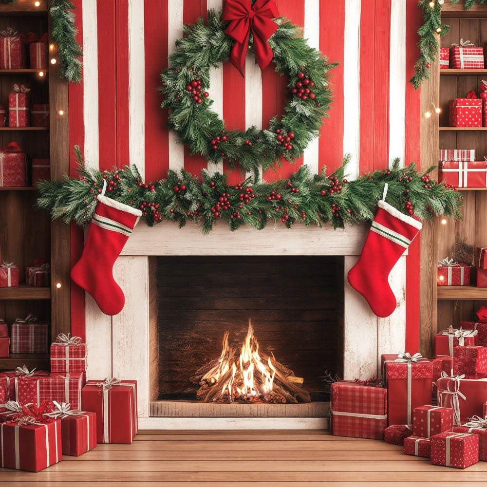 Weihnachten Kamin Hintergrund Candy Cane Geschenk Wandhintergrund BRP57-136