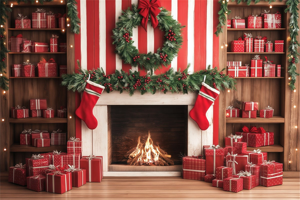 Weihnachten Kamin Hintergrund Candy Cane Geschenk Wandhintergrund BRP57-136
