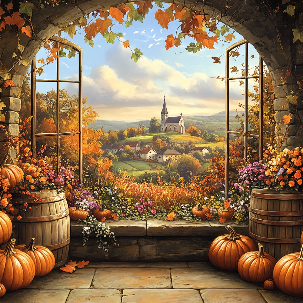 Herbst Fotokulissen Kürbisfass Dorfansicht Hintergrund BRP57-175