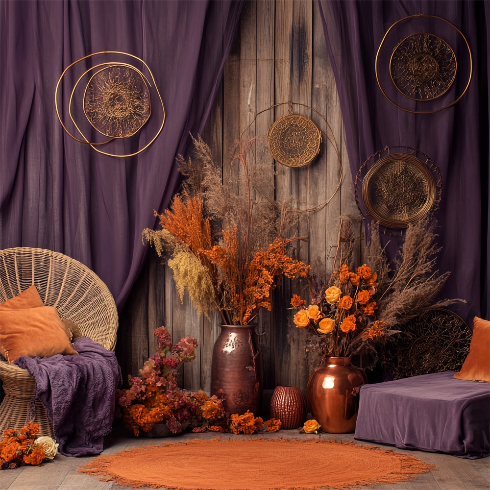 Herbst Backdrop Getrocknete Blumen Lila Vorhang Fotohintergrund BRP57-187