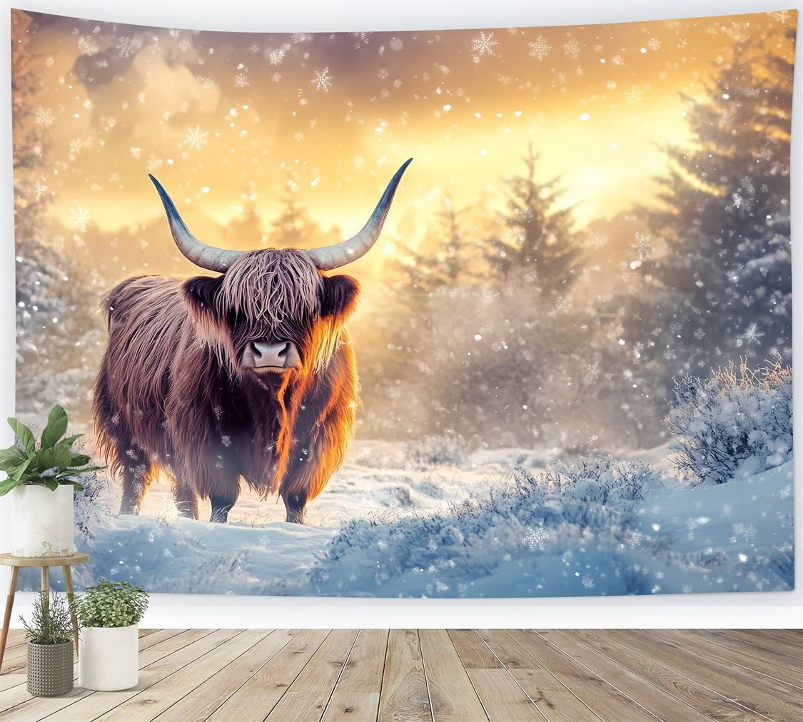 Winter Snow Backdrop Frosty Pines Sunset Foto Hintergrund BRP57-352