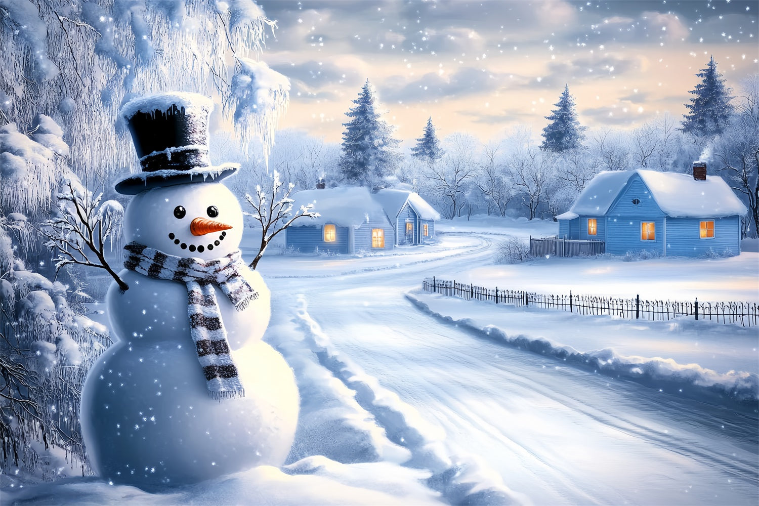 Schneehintergrund Frosty Path Winter Cottage Foto Hintergrund BRP57-388