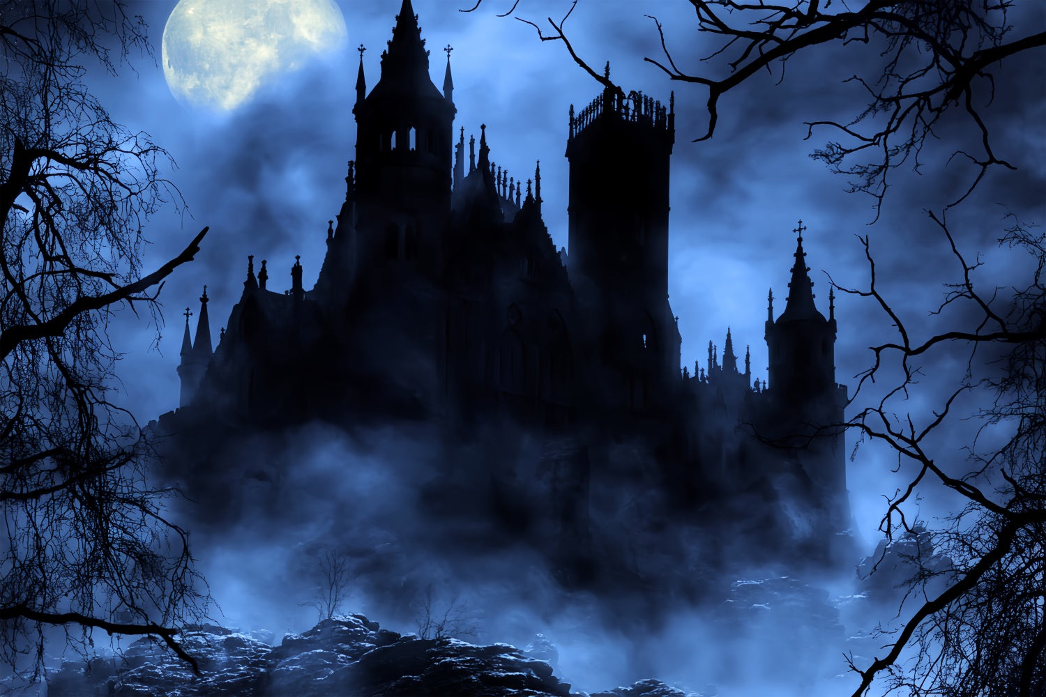 Gruselige Halloween-Hintergrundbilder Neblige Mitternachtsburg Hintergrund BRP57-61