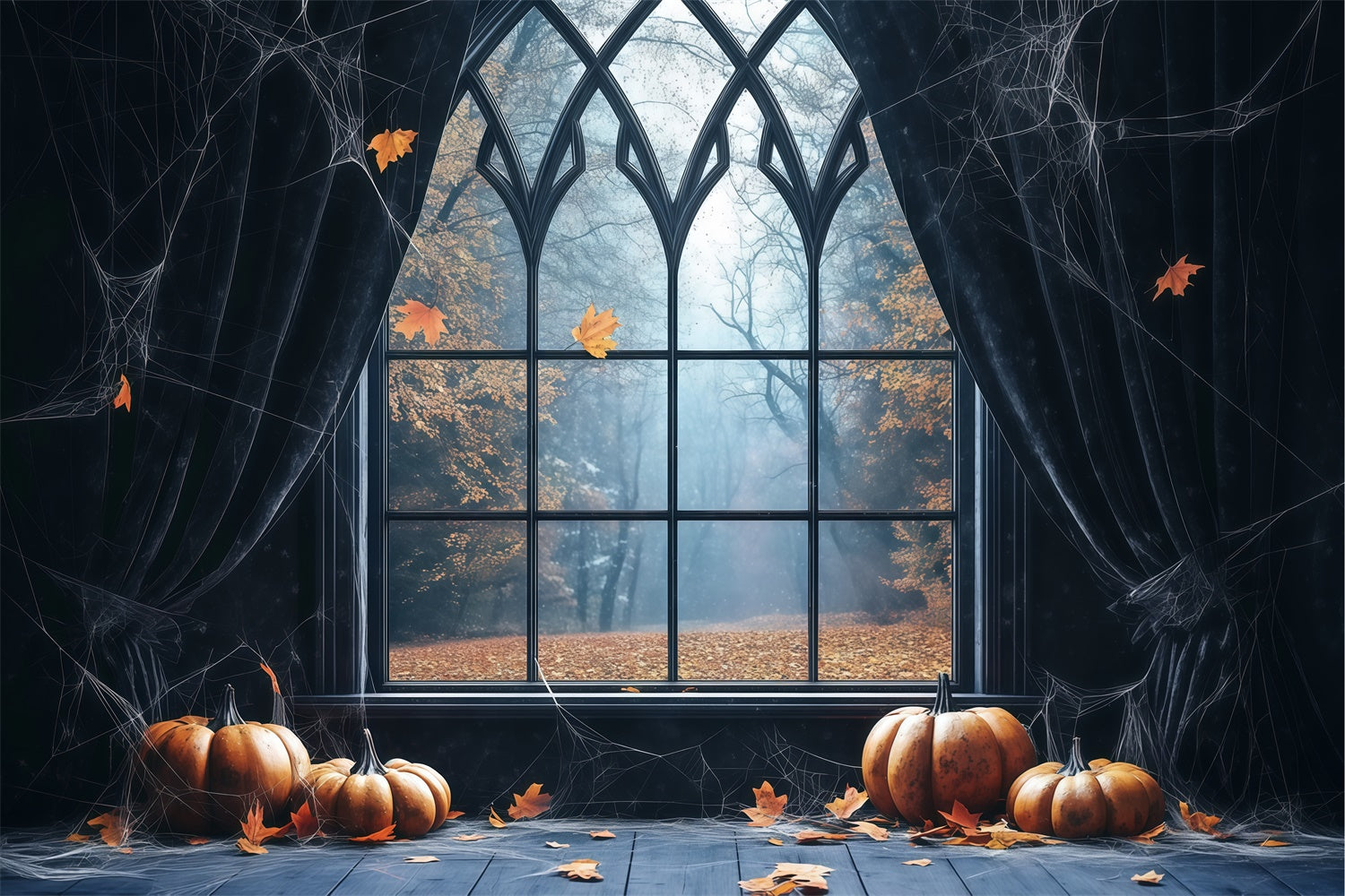 Halloween Hintergrund Spinnweben Vorhänge Gothic Fenster Hintergrund BRP57-98