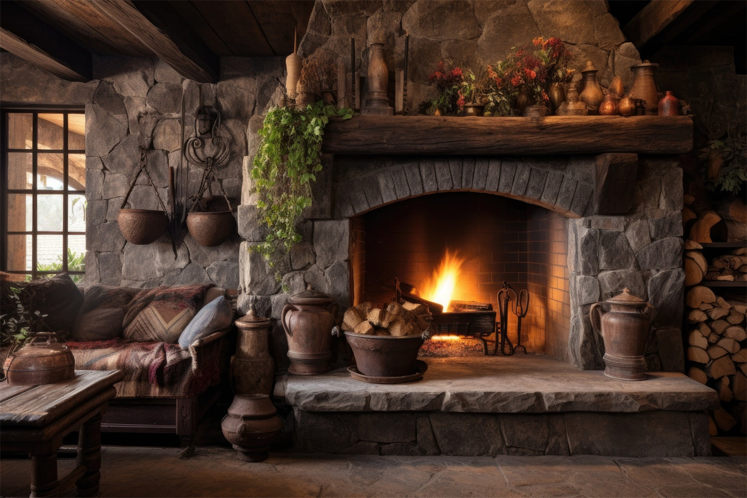 Herbst-Kamin Zimmer Schreibtisch Fotografie Hintergrund BRP7-103