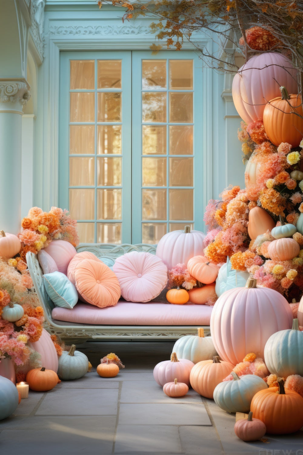 Herbst Bunte Kürbisblume Sofa Fotografie Hintergrund BRP7-106