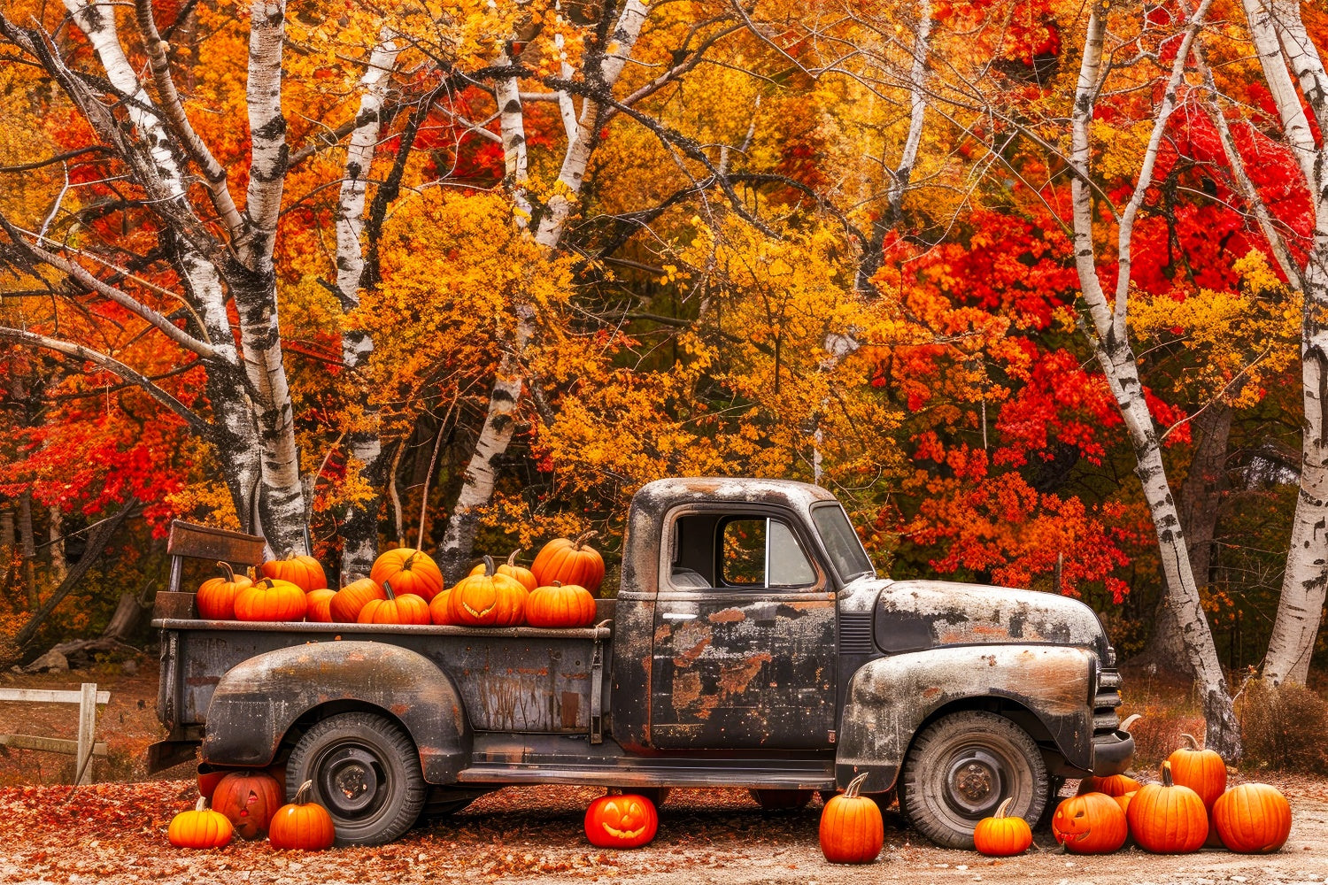 Herbst Ahorn Wald Alte Lastwagen Kürbisse Hintergrund BRP7-113