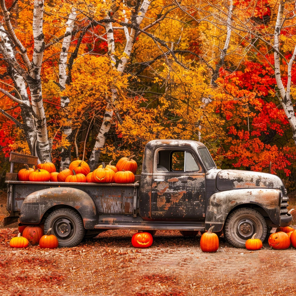 Herbst Ahorn Wald Alte Lastwagen Kürbisse Hintergrund BRP7-113