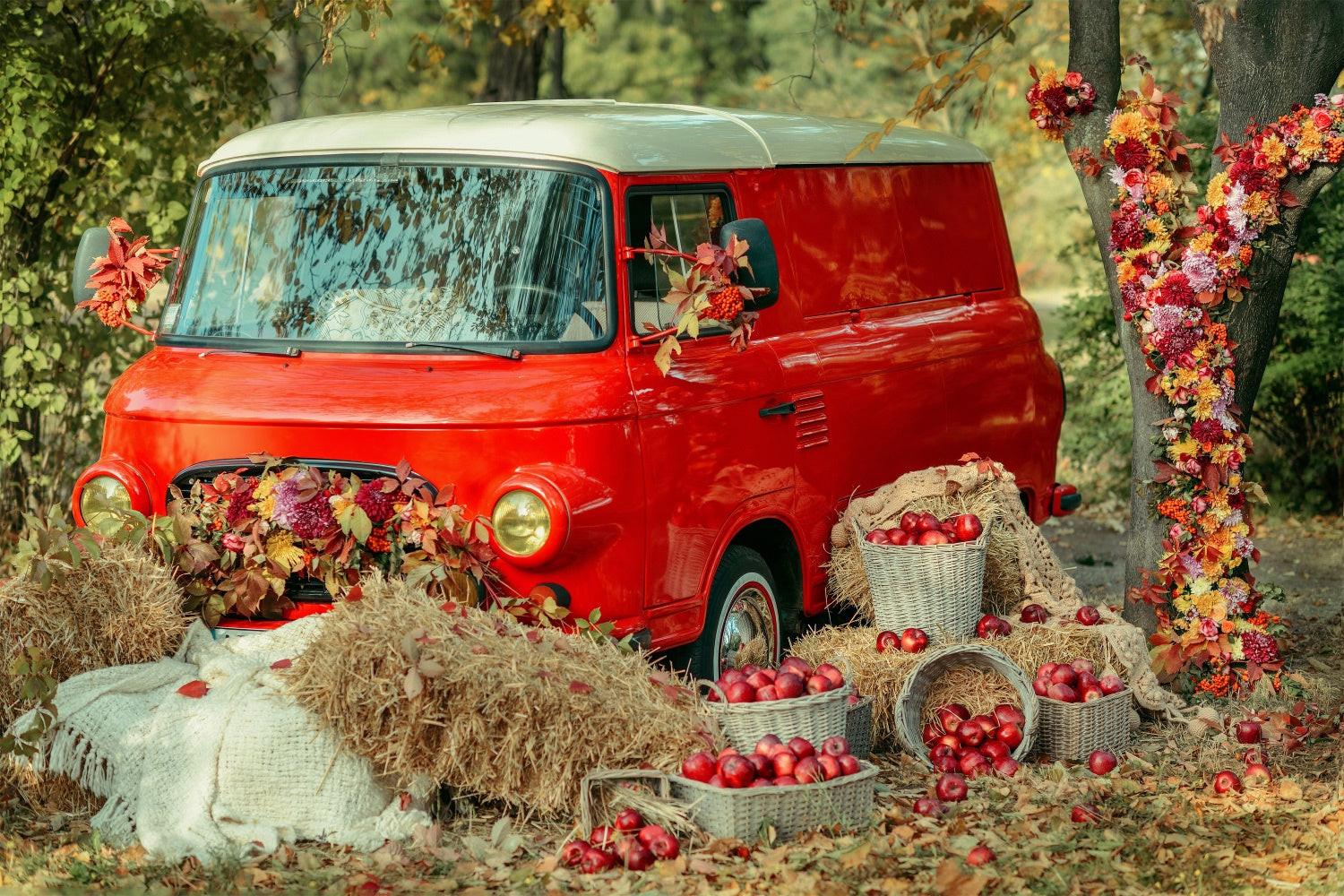 Herbstblatt Rotes Auto Apfel Fotografie Hintergrund BRP7-114