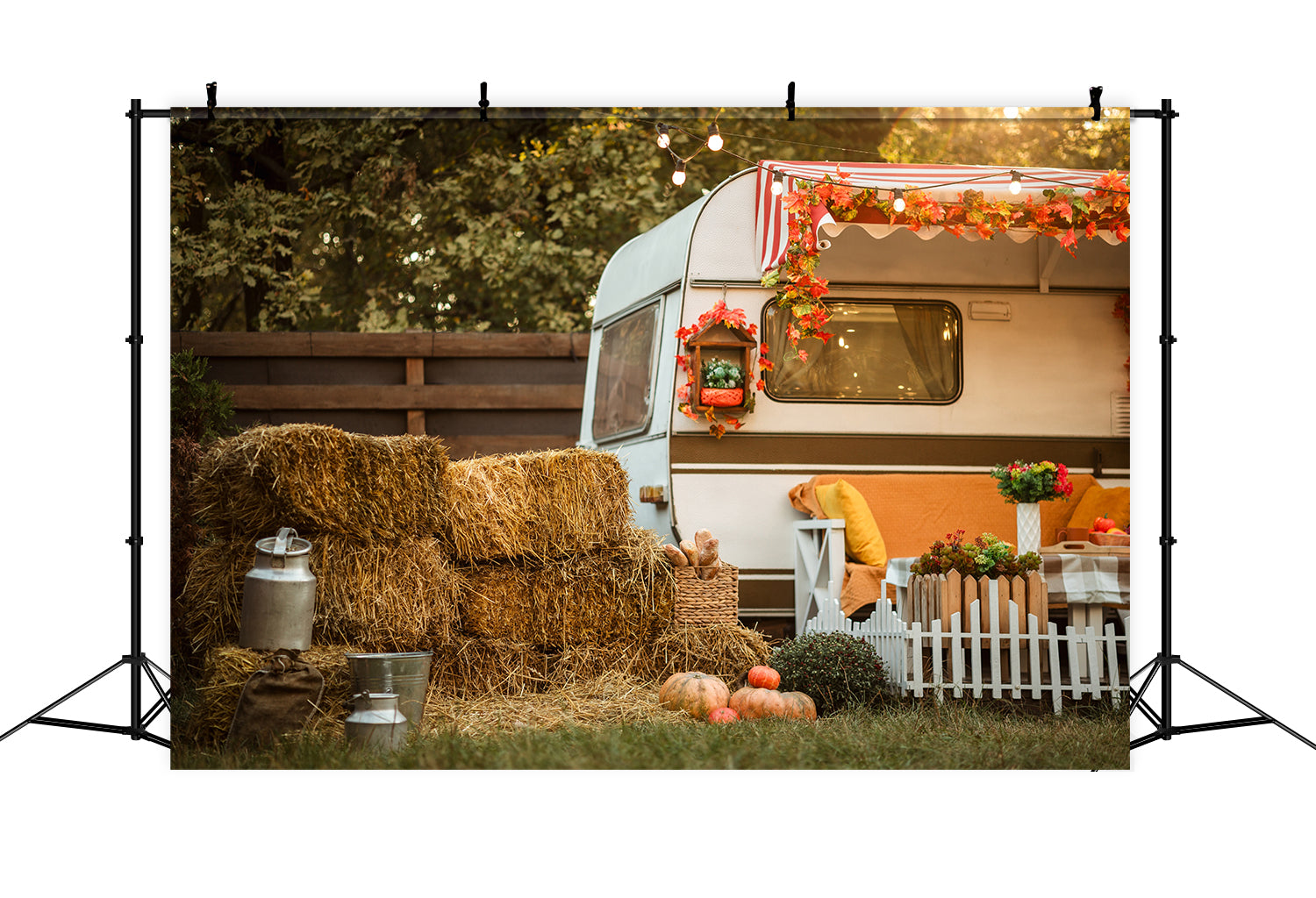 Herbst Ahornblatt Weißer Bus Fotohintergrund BRP7-121