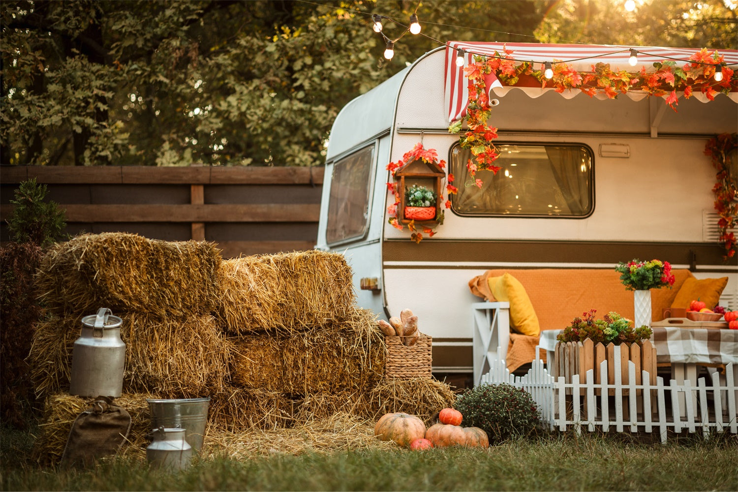 Herbst Ahornblatt Weißer Bus Fotohintergrund BRP7-121