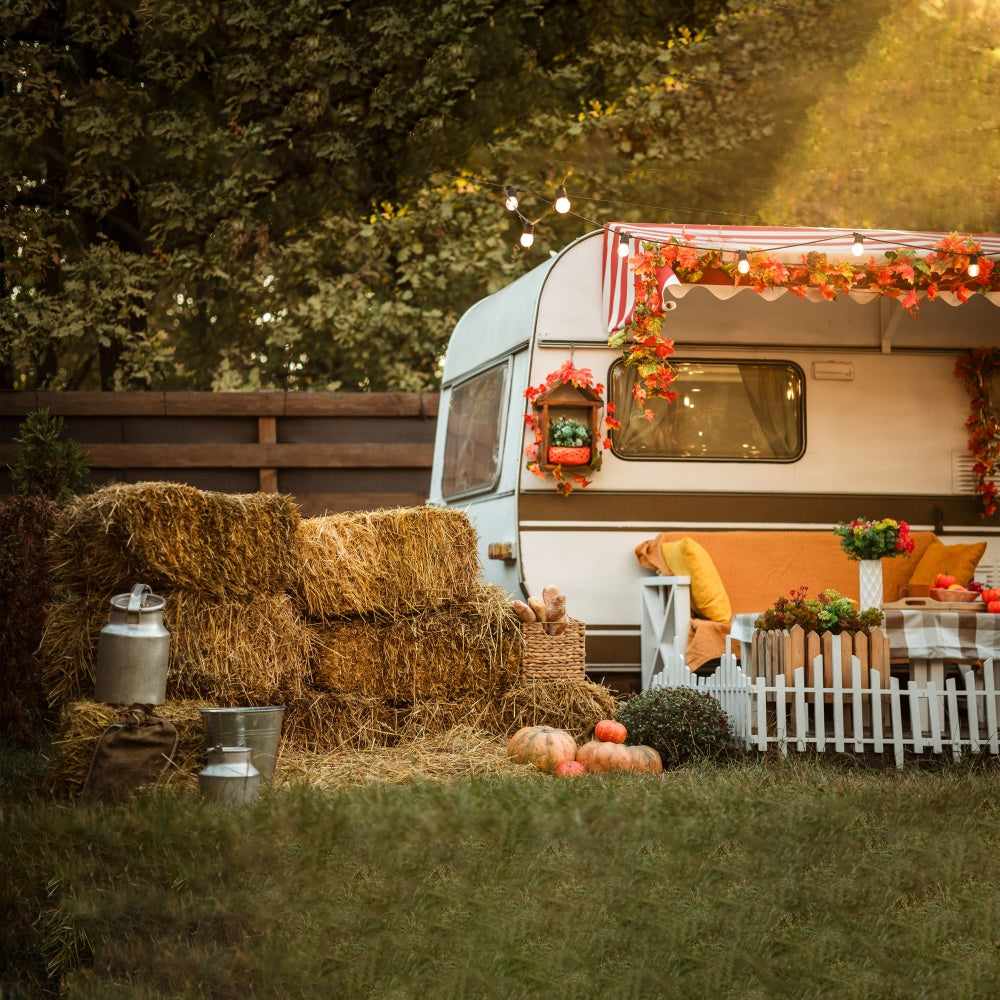 Herbst Ahornblatt Weißer Bus Fotohintergrund BRP7-121