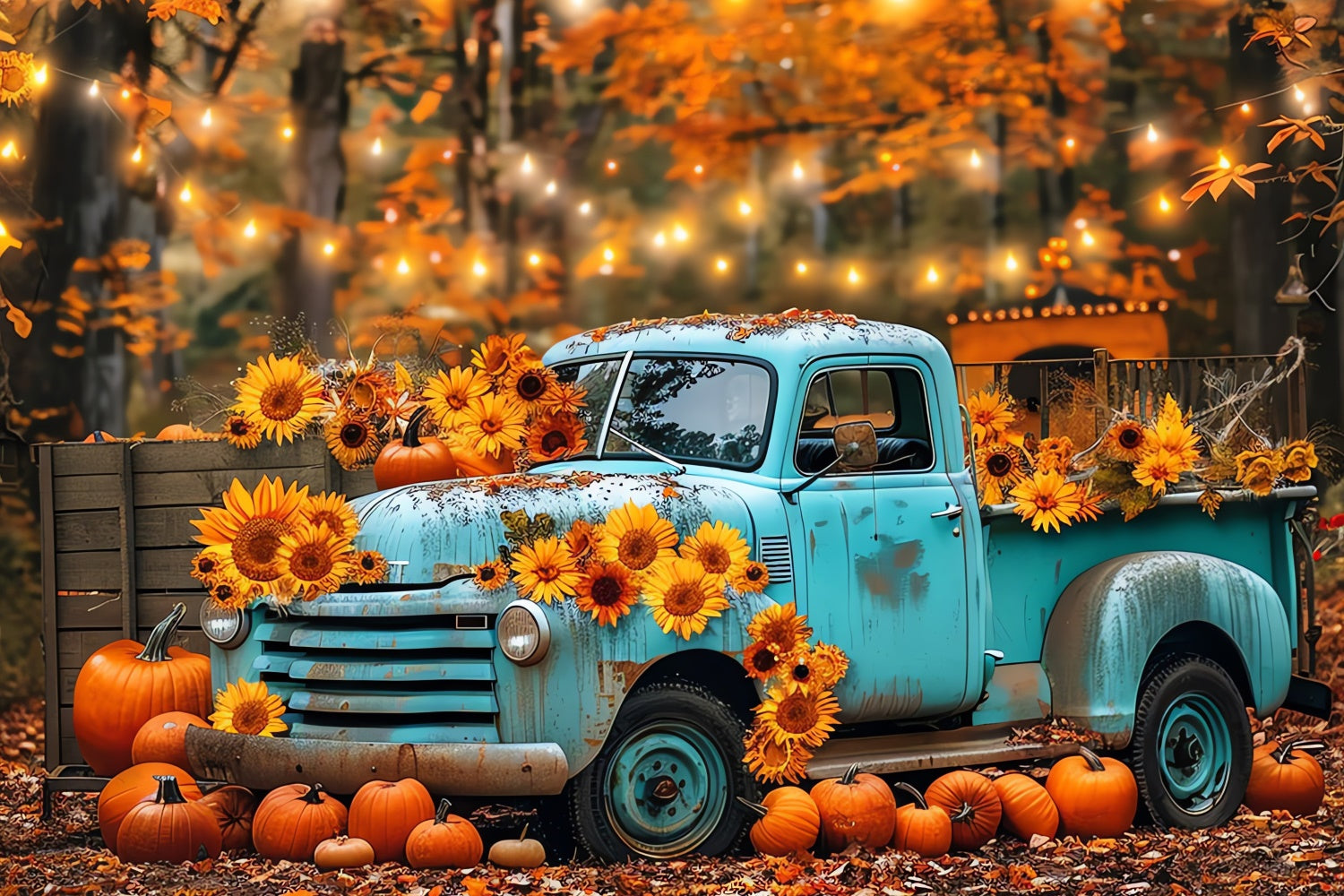 Herbstlicher blauer Lastwagen mit Sonnenblumen Fotohintergrund BRP7-130