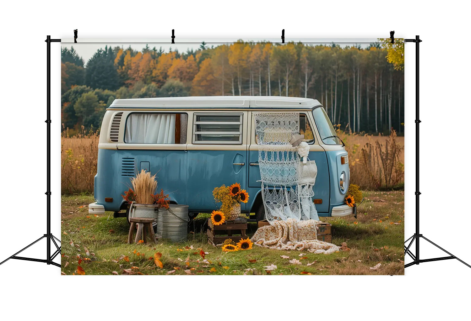 Herbst Wald Blau Bus mit Sonnenblumen Backdrop BRP7-155