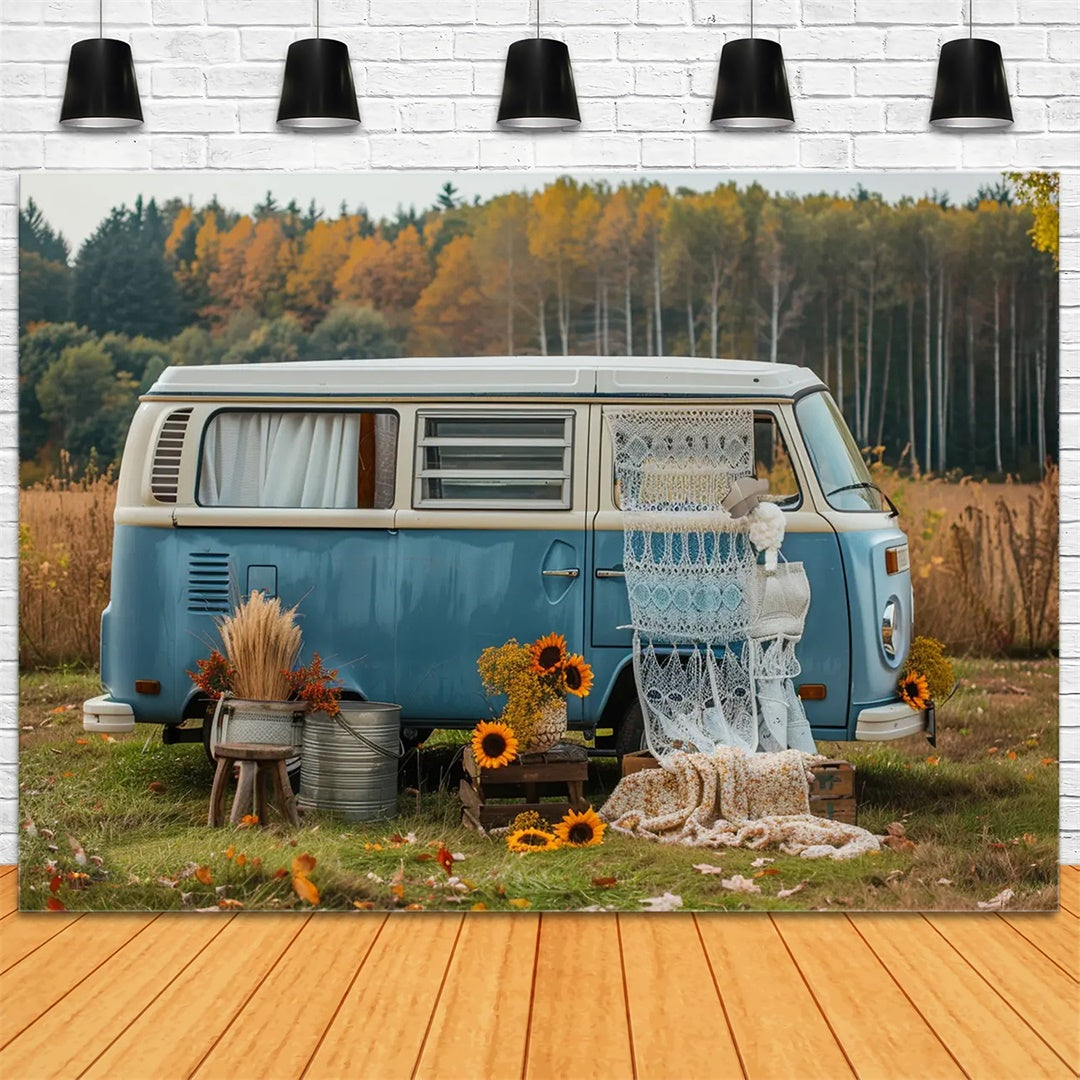 Herbst Wald Blau Bus mit Sonnenblumen Backdrop BRP7-155