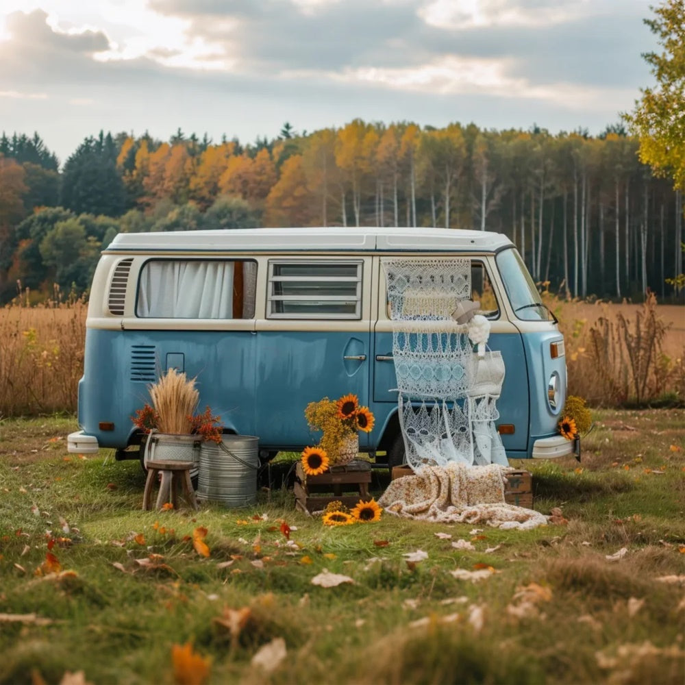 Herbst Wald Blau Bus mit Sonnenblumen Backdrop BRP7-155