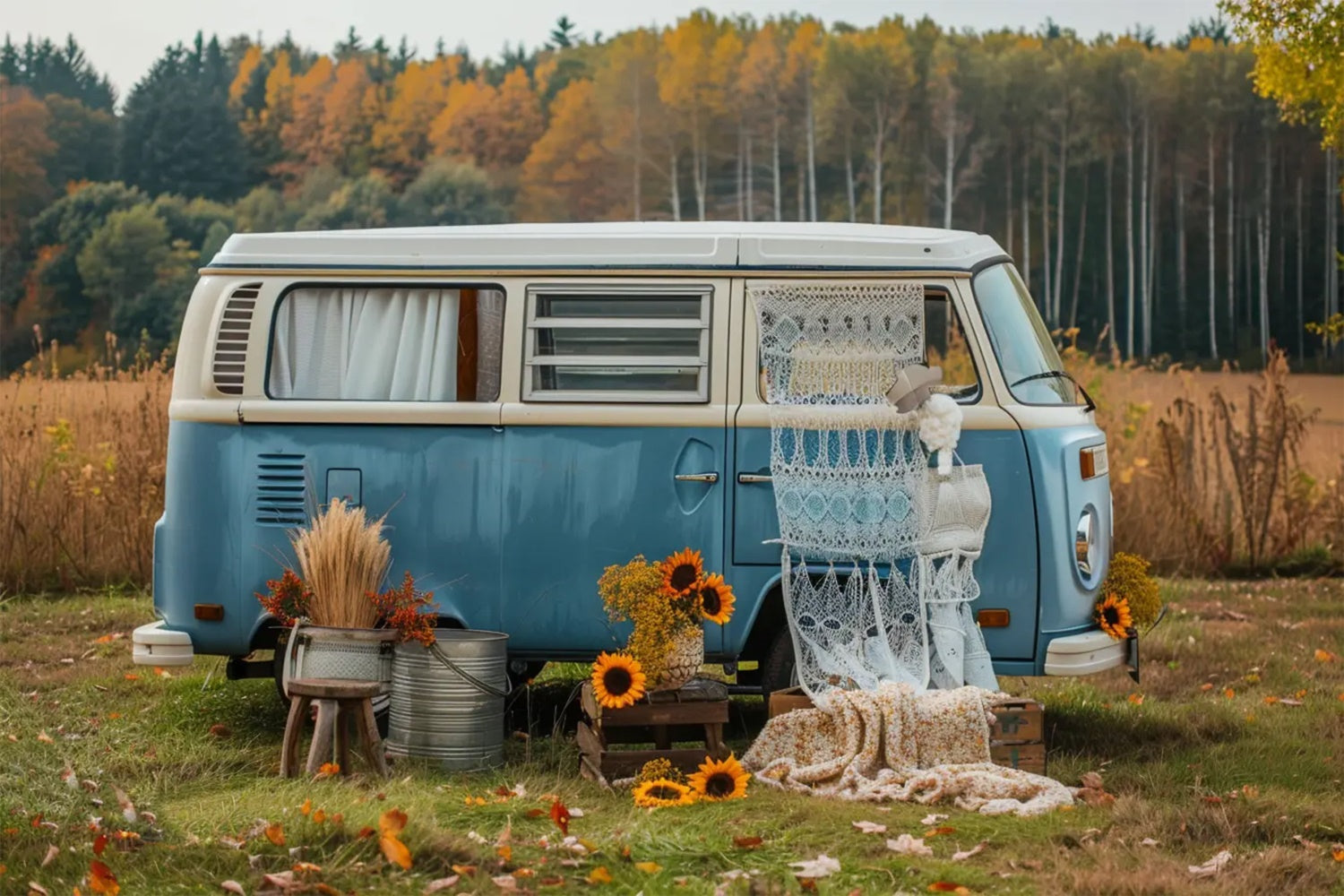 Herbst Wald Blau Bus mit Sonnenblumen Backdrop BRP7-155