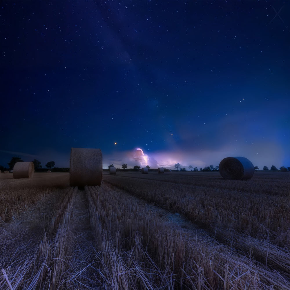 Nächtliches Feld mit Heuballen Fotokulisse BRP7-207