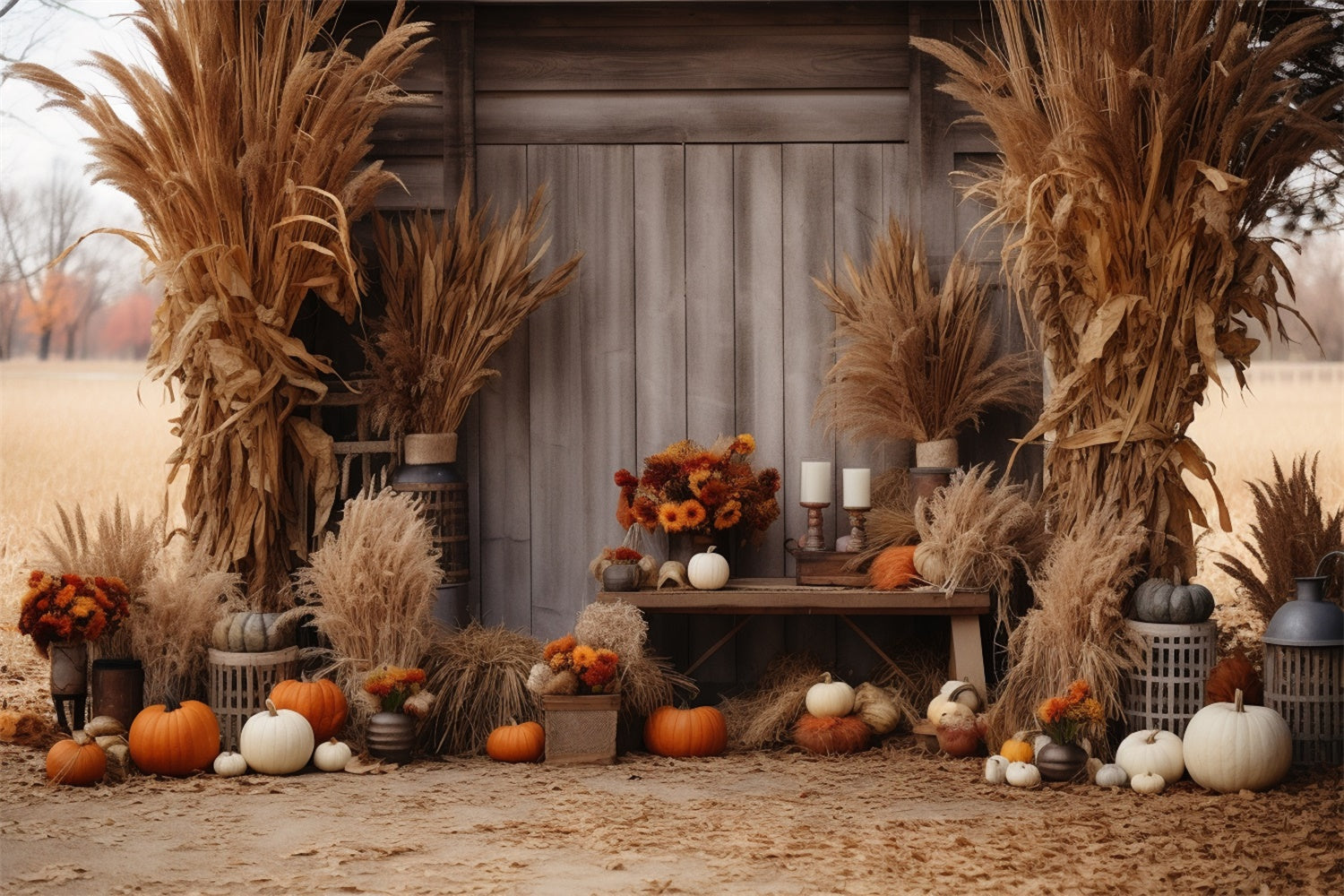 Herbst Holzhaus mit Heuhaufen Backdrop BRP7-79