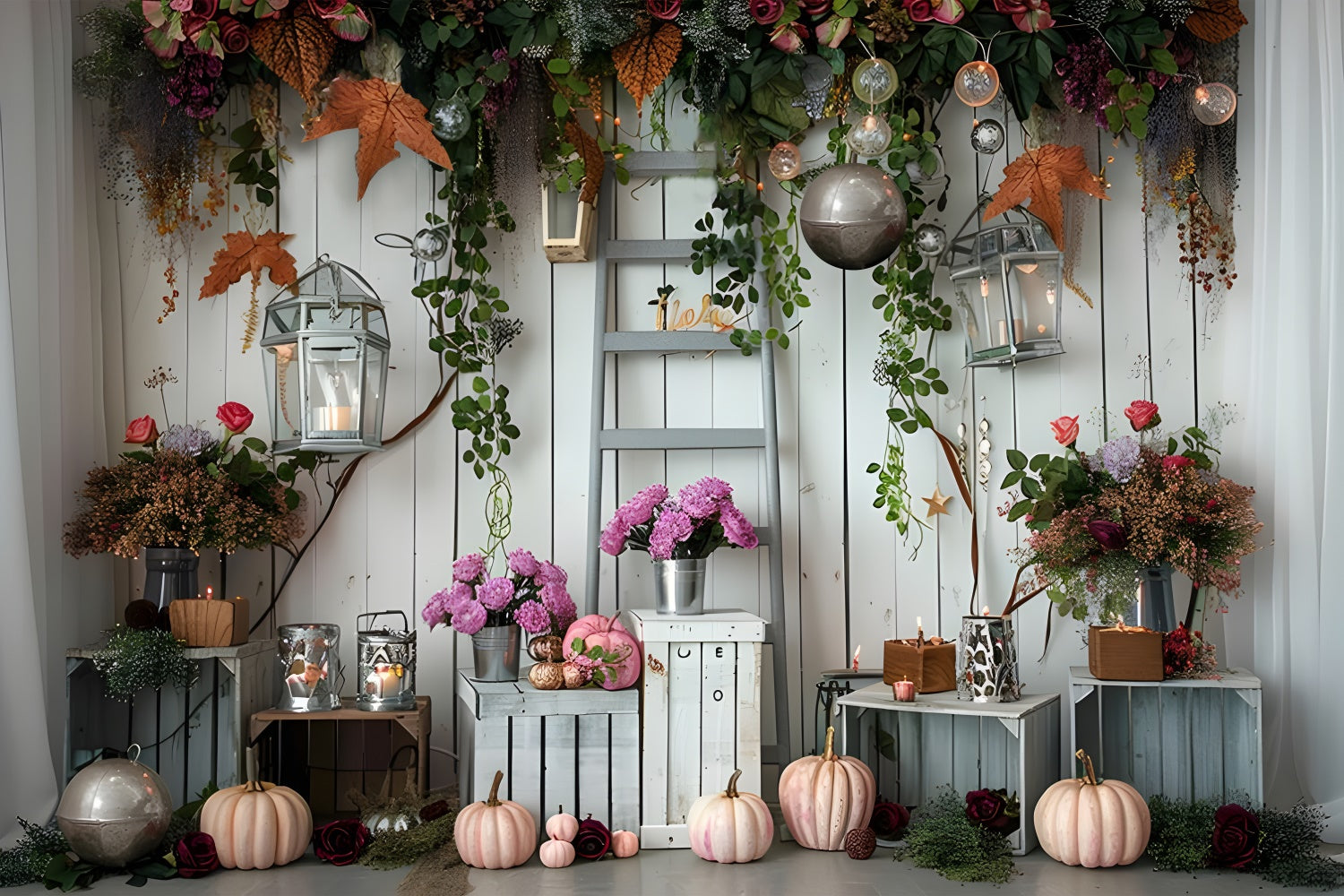 Herbst Kürbisse Blumen und Licht Fotohintergrund BRP7-87