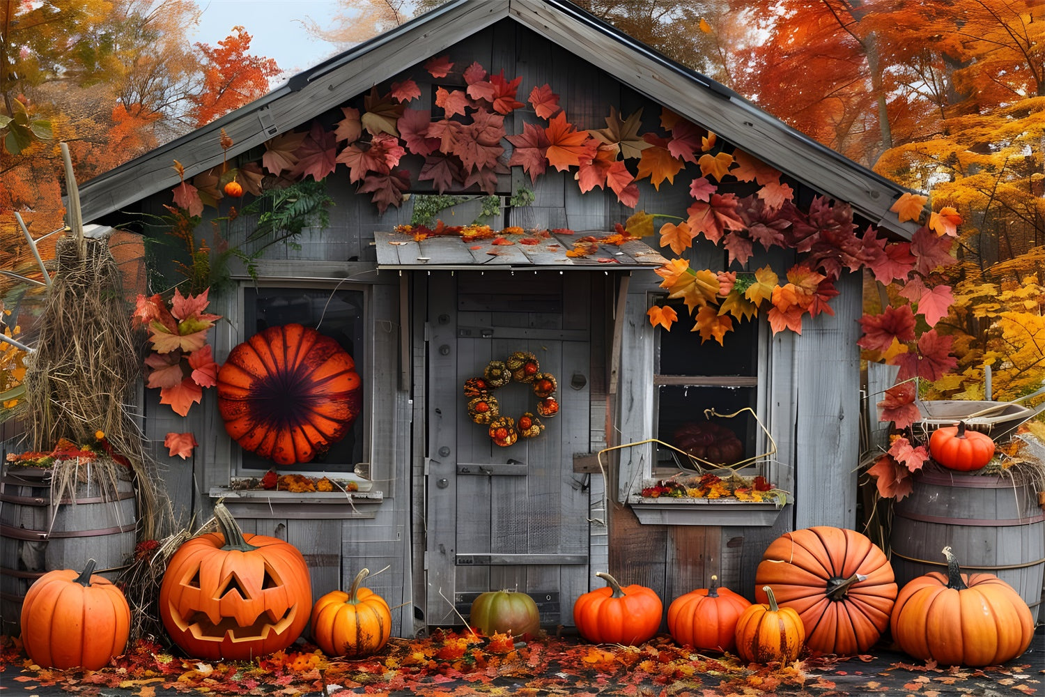 Herbst Wald Holz Haus Kürbisse Fotografie Hintergrund BRP7-88