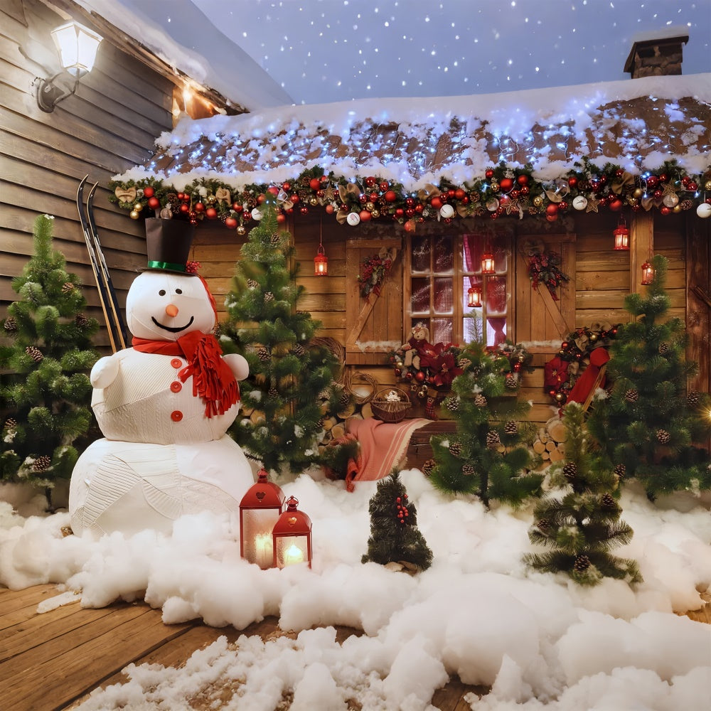 Rustikale Weihnachtshütte und Schneemann Hintergrund BRP8-152