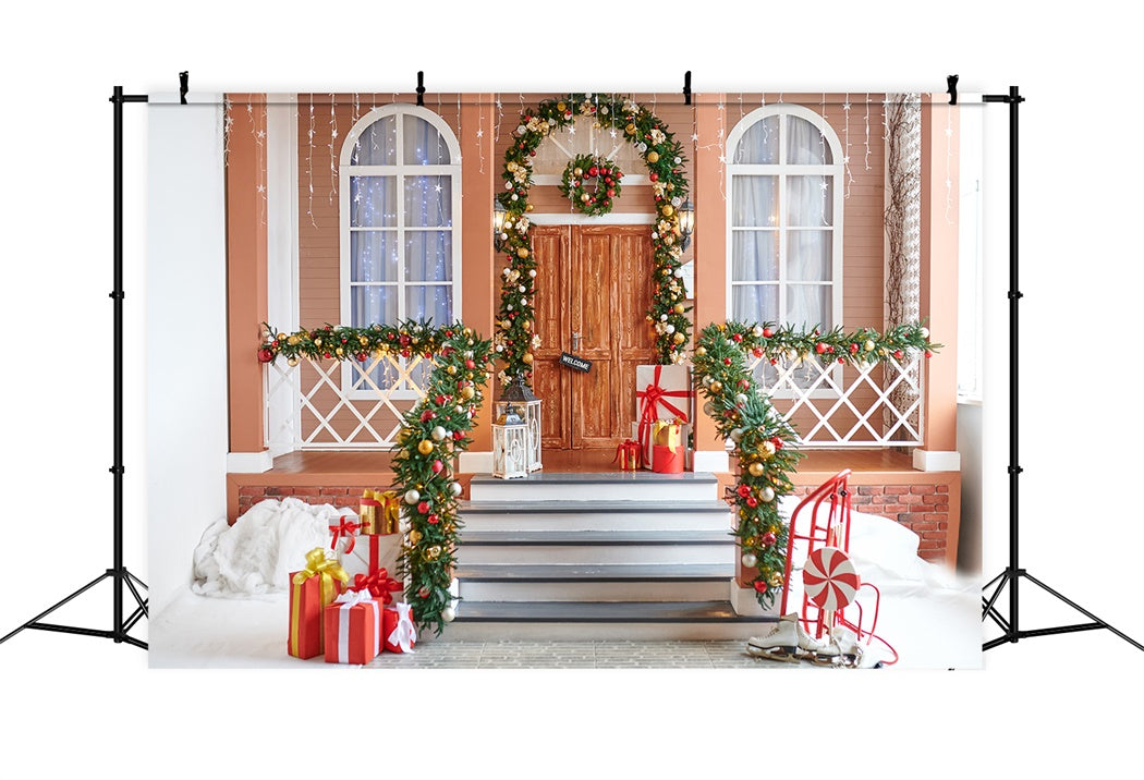 Weihnachtskranz und Geschenke Veranda Backdrop BRP8-157