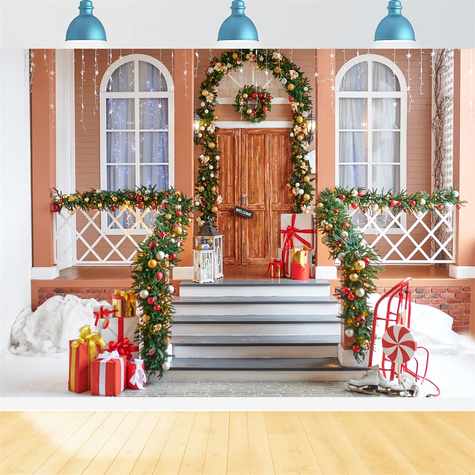 Weihnachtskranz und Geschenke Veranda Backdrop BRP8-157