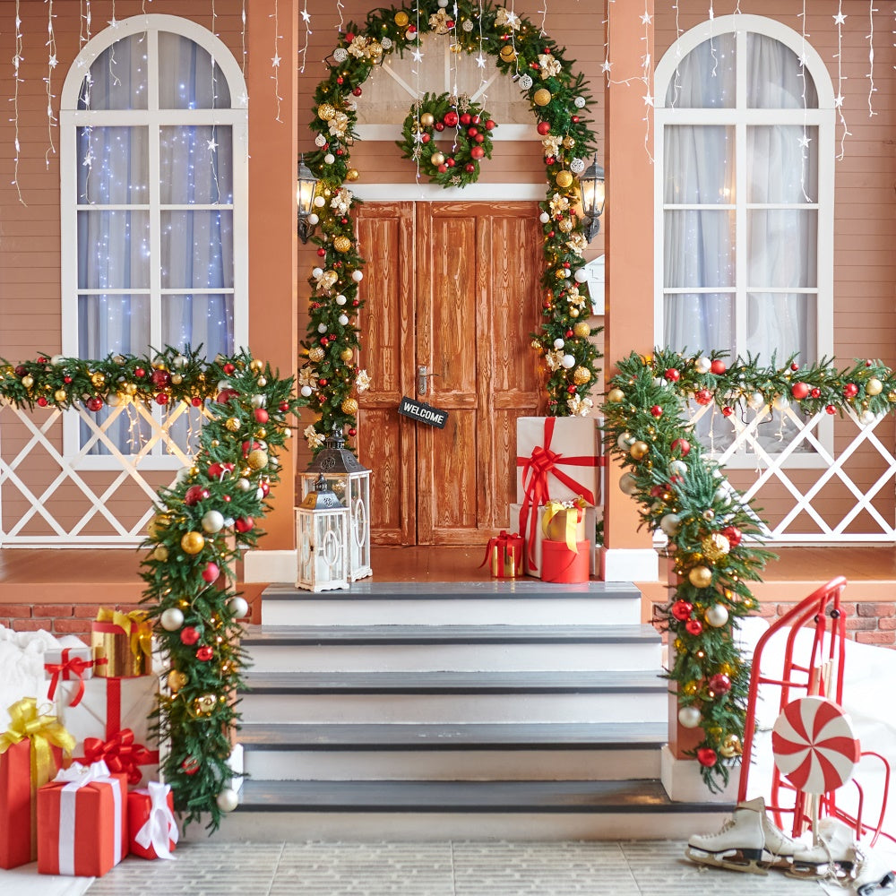 Weihnachtskranz und Geschenke Veranda Backdrop BRP8-157